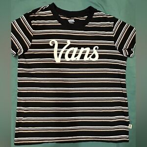 Vans JR/Women Tshirt Sz Small, Black/Cream/Tan/Pink Stripes w/ Cream fuzzy logo